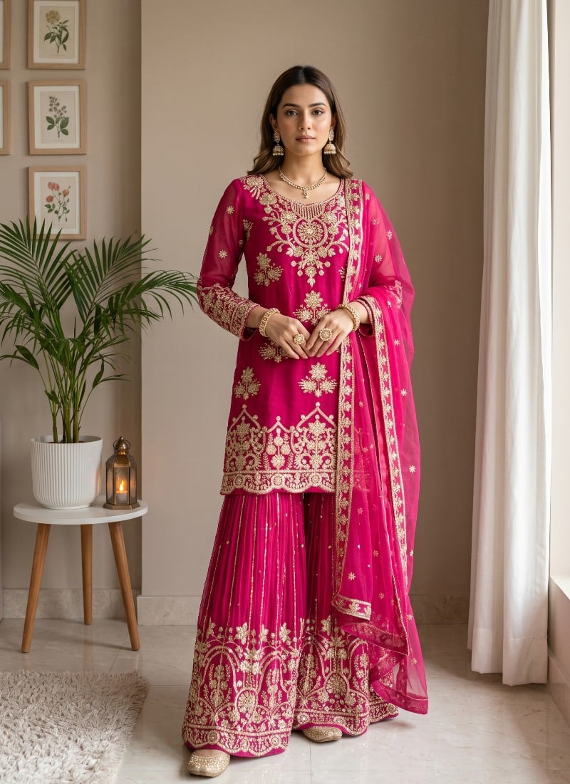 Fuchsia Pink Sequins Embroidered Net Palazzo Suit After Six Wear