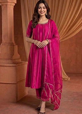 Fuchsia Pink Silk Zari Resham Embroidered A Line Straight Pant Suit