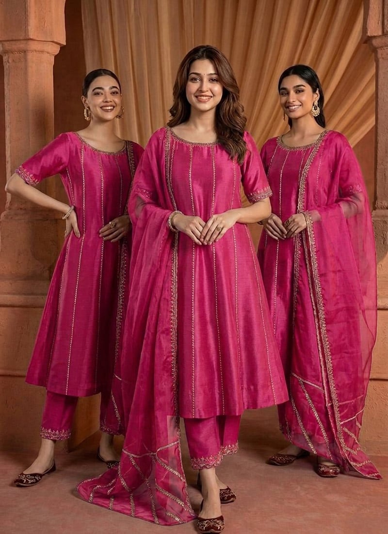 Fuchsia Pink Silk Zari Resham Embroidered A Line Straight Pant Suit Festive Wear