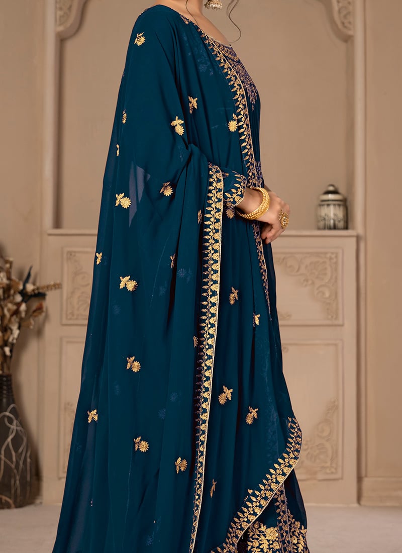 Beautiful Rama Blue Georgette Anarkali Gown Set Featuring Delicate Embroidery With Pant & Dupatta main image 1