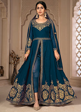Full Sleeve Centre Slit Rama Blue Georgette Embroidery Anarkali Suit