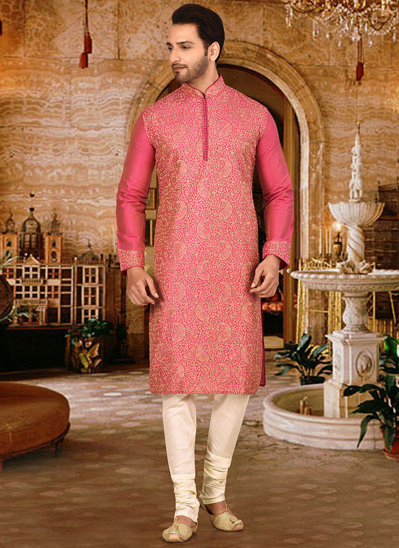 Fuscia Pink Cotton Silk Machine Embroidered Kurta Pyjama Party Wear
