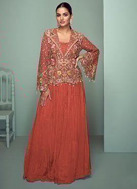 Gajari Pink Chinon Embroidered Indowestern Skirt Set