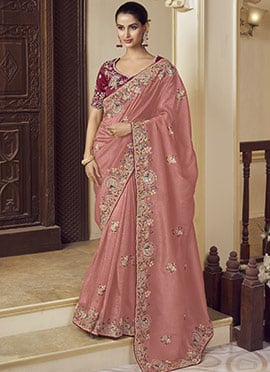 Gajri Pink Georgette Embroidered Sequins And Stones Saree