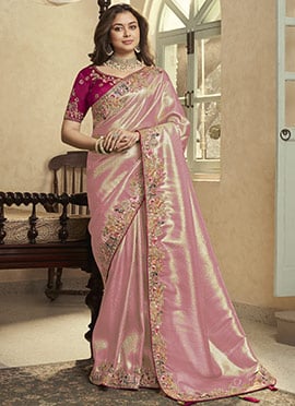 Gajri Pink Jacquard Silk Zari Sequins Embroidered Stones Thread Coding Saree