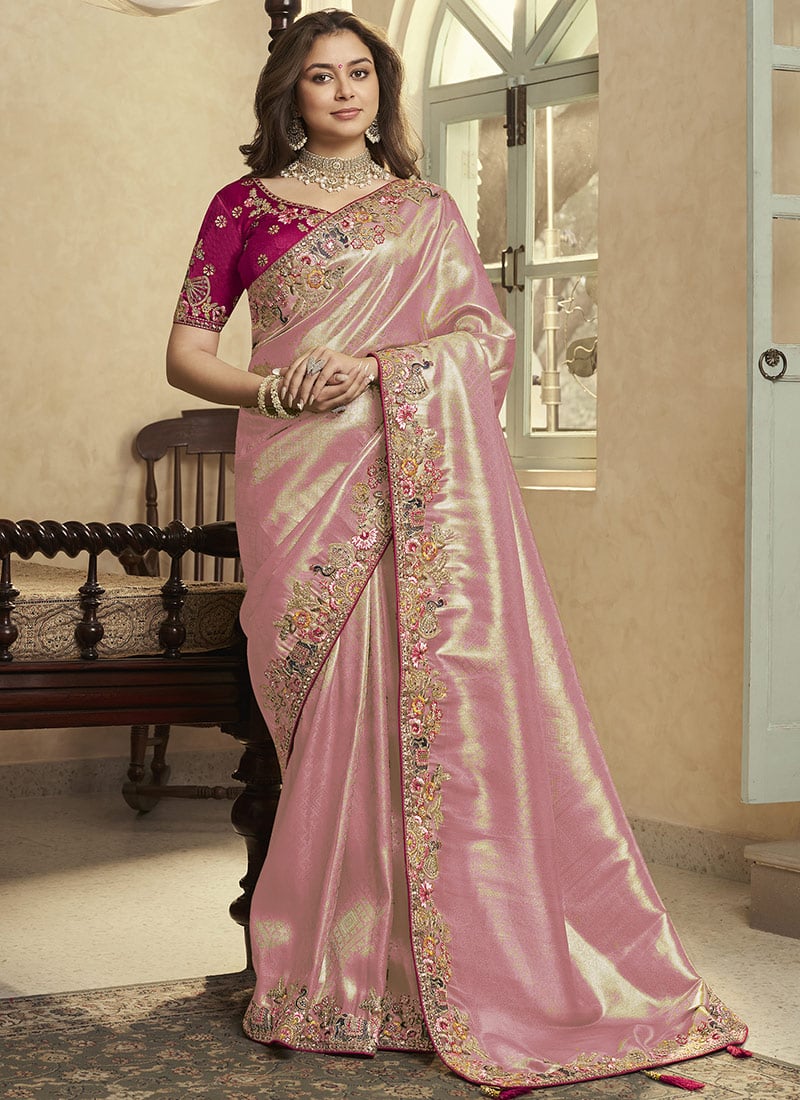 Gajri Pink Jacquard Silk Zari Sequins Embroidered Stones Thread Coding Saree Wedding Wear