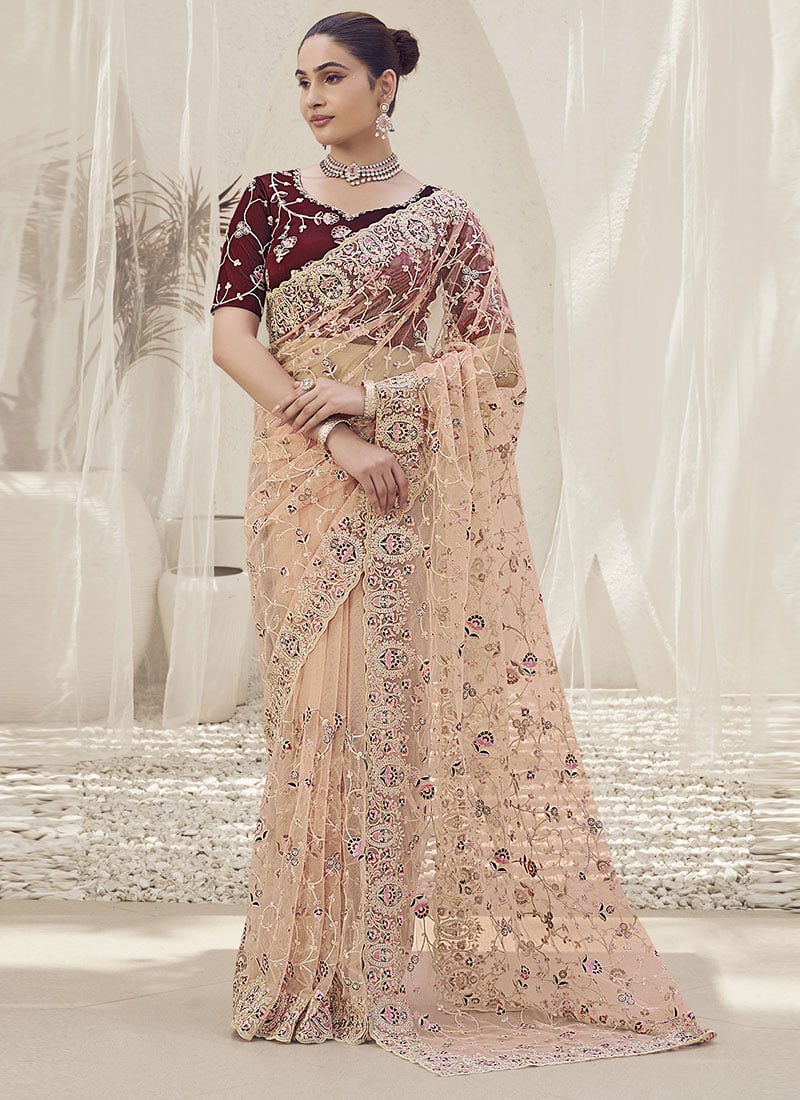 Gajri Pink Net Embroidered Zari Saree Wedding Wear