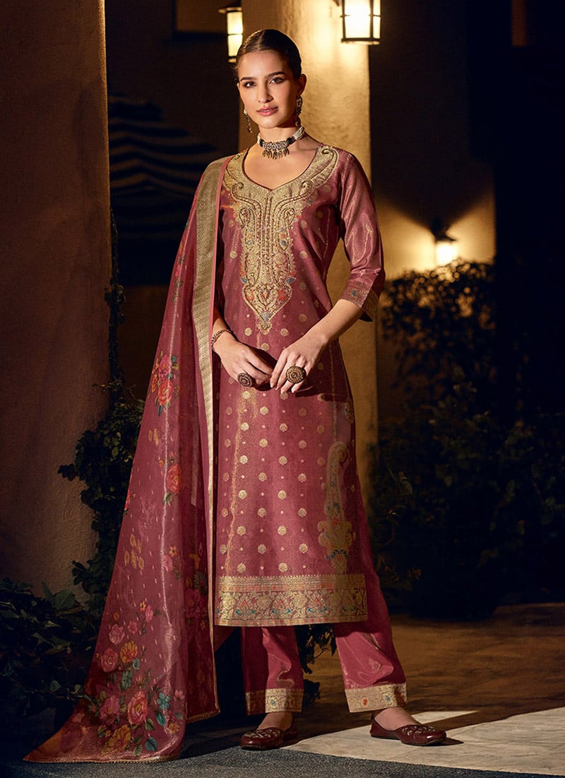 Gajri Pink Shimmer Silk Digital Print Zari Work Straight Pant Suit Festive Wear