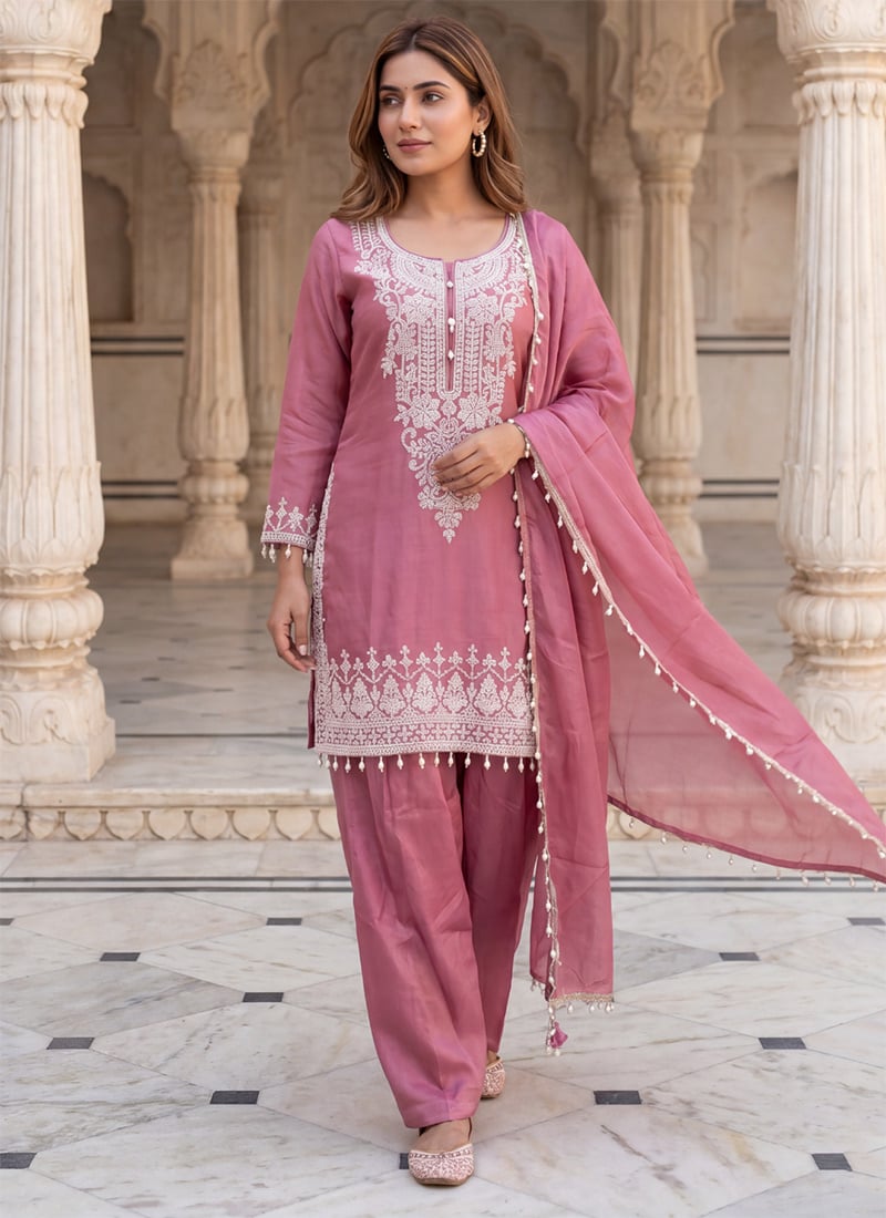 Gajri Pink Tissue Embroidered Palazzo Suit After Six Wear