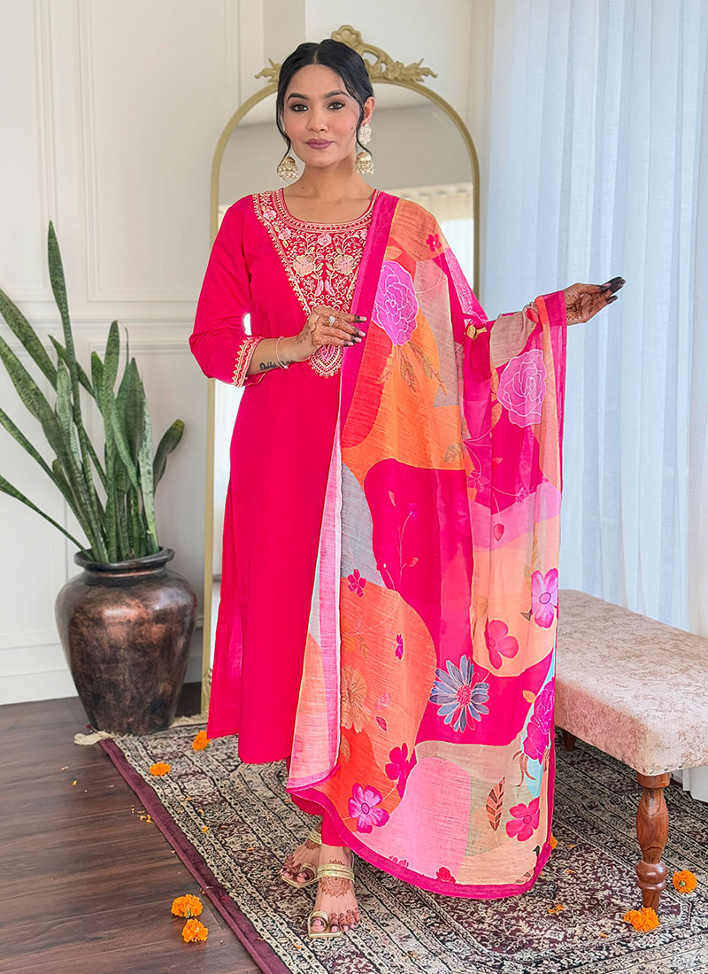 Gajri Viscose Chanderi Embroidered Straight Pant Suit With Printed Dupatta