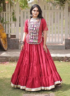 Garba Nights Red Blended Cotton Embroidered Gota Mirror Work Indowestern Suit