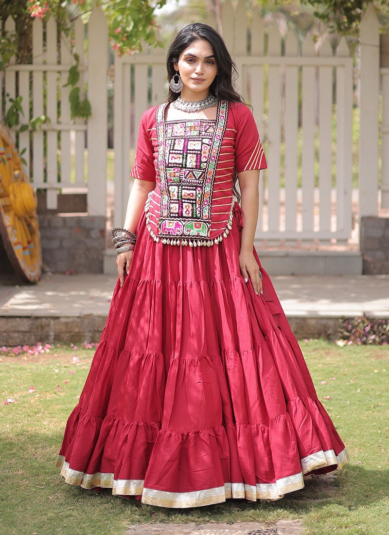 Garba Nights Red Blended Cotton Embroidered Gota Mirror Work Indowestern Suit Festive Wear