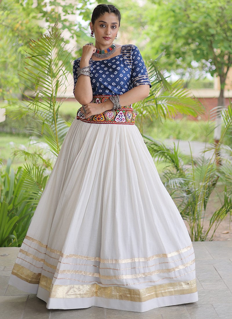 Garba White Blended Cotton Embroidered Gota Patti Lehenga Festive Wear