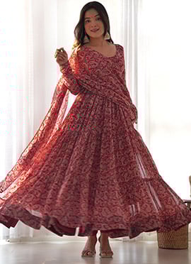 Garden Of Dreams In A Maroon Georgette Printed Anarkali Delight