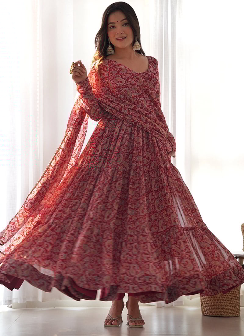 Garden Of Dreams In A Maroon Georgette Printed Anarkali Delight After Six Wear