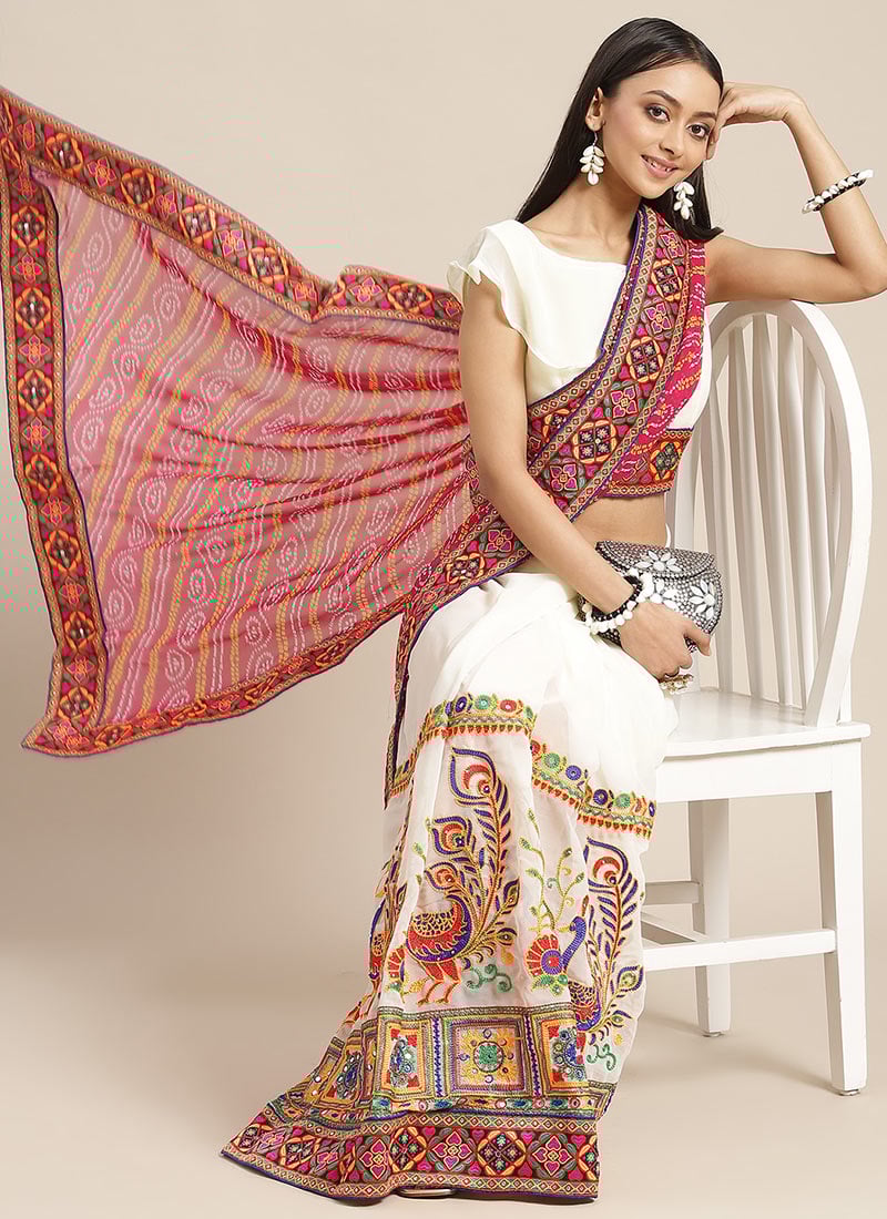Georgette Bandhini Embroidery Work Peacock Pattern Half And Half Saree Festive Wear-SASSAF10