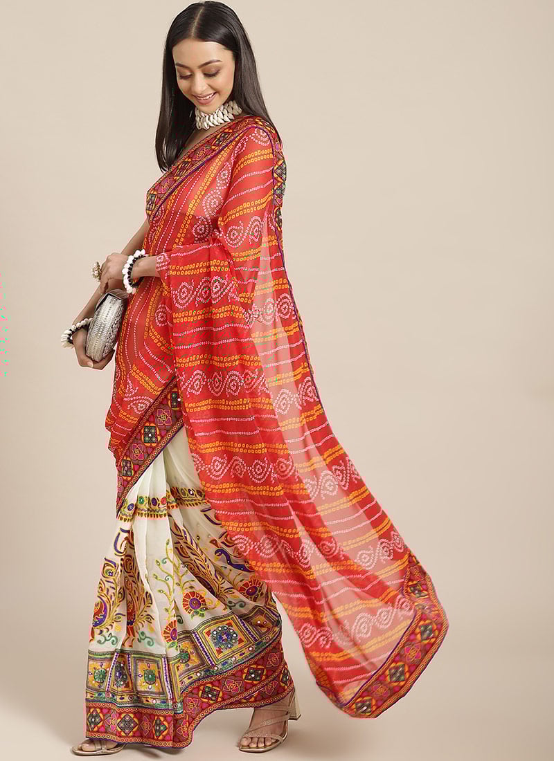 Georgette Bandhini Embroidery Work Peacock Pattern Half And Half Saree  Festive Wear
