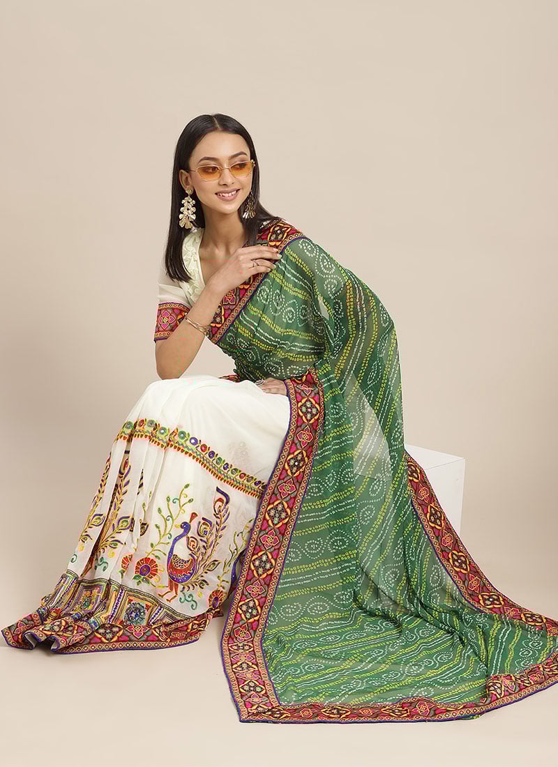 Georgette Bandhini Embroidery Work Peacock Pattern Half And Half Saree  Festive Wear