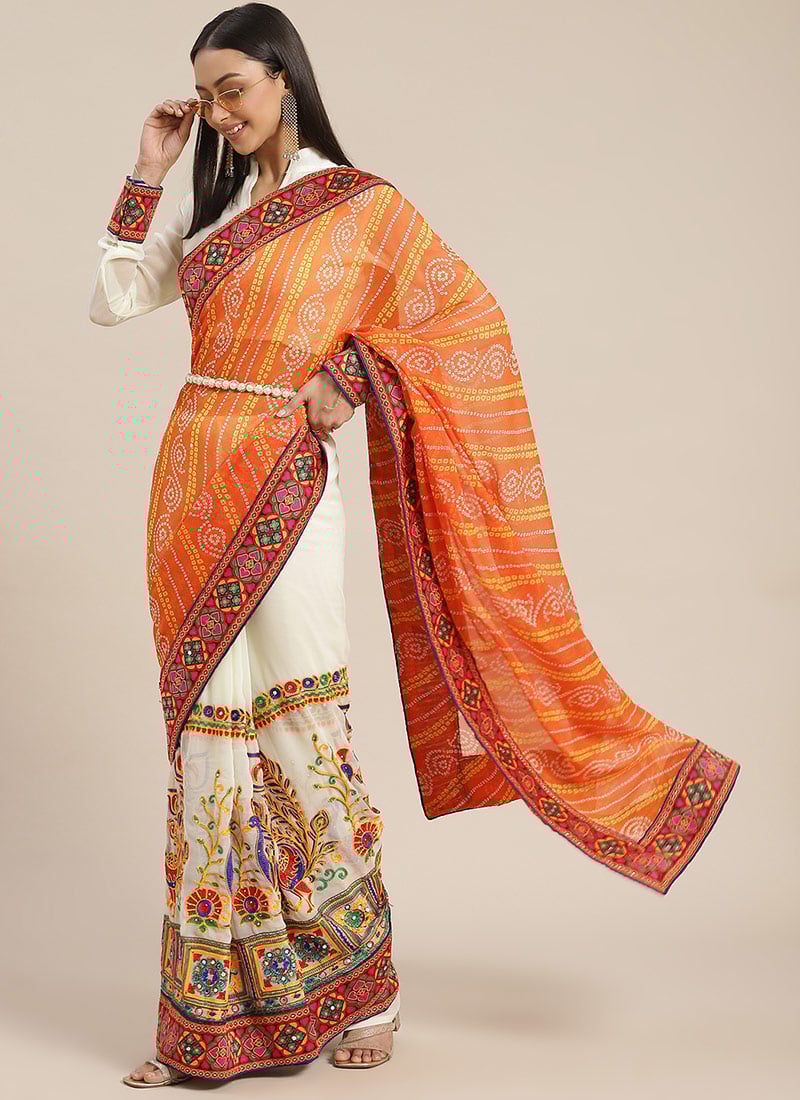 Georgette Bandhini Embroidery Work Peacock Pattern Half And Half Saree  Festive Wear