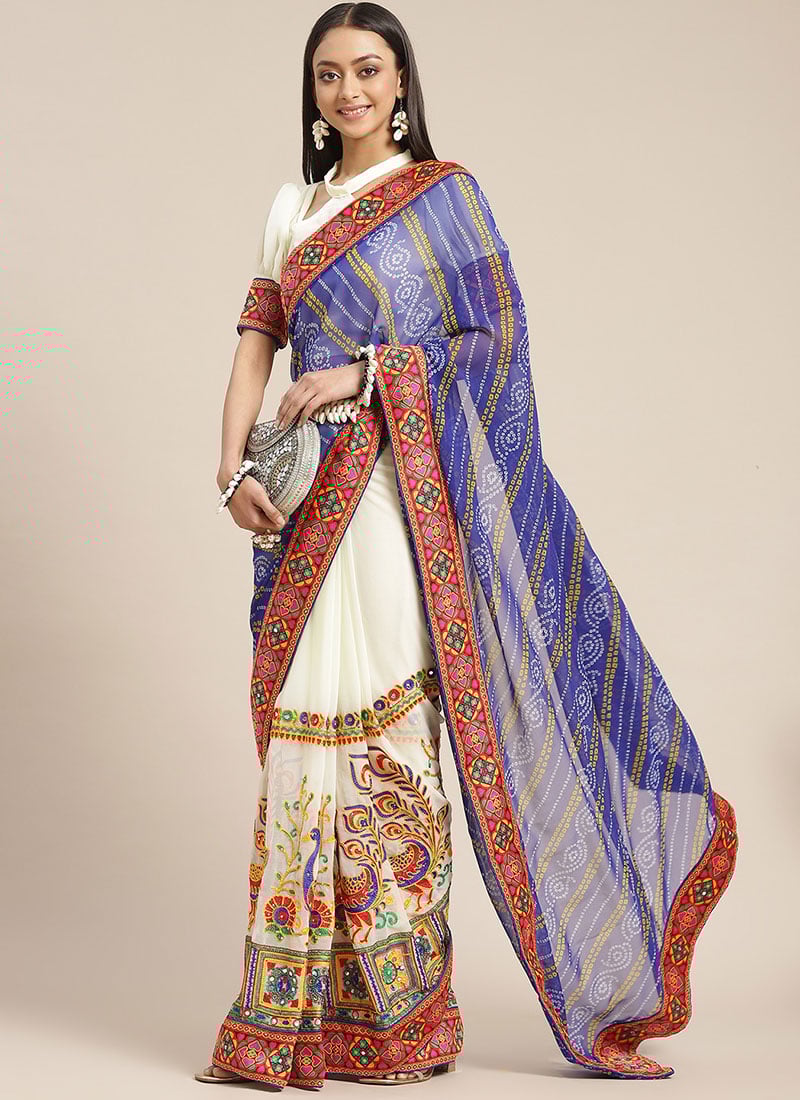 Georgette Bandhini Embroidery Work Peacock Pattern Half And Half Saree