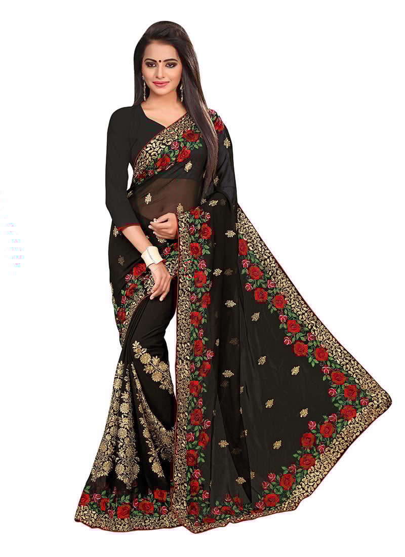 Georgette Black Foliage Designed Embroidered Saree Party Wear