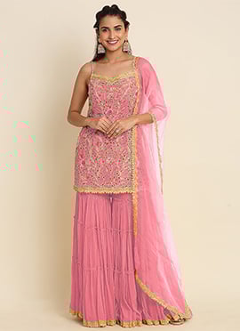 Georgette Embroidered Sequins Sharara Suit In Pink For Women With Dupatta