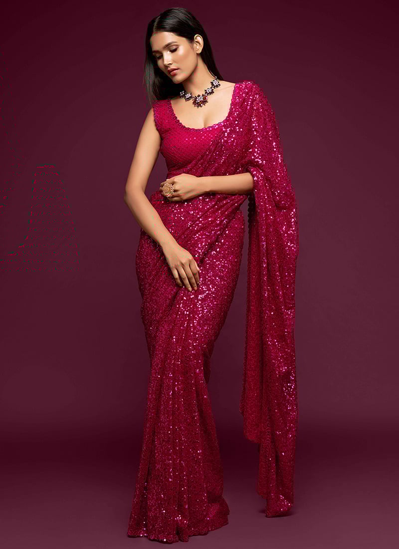 Georgette Embroidery Sequins Work Pink Color Saree Festive Wear