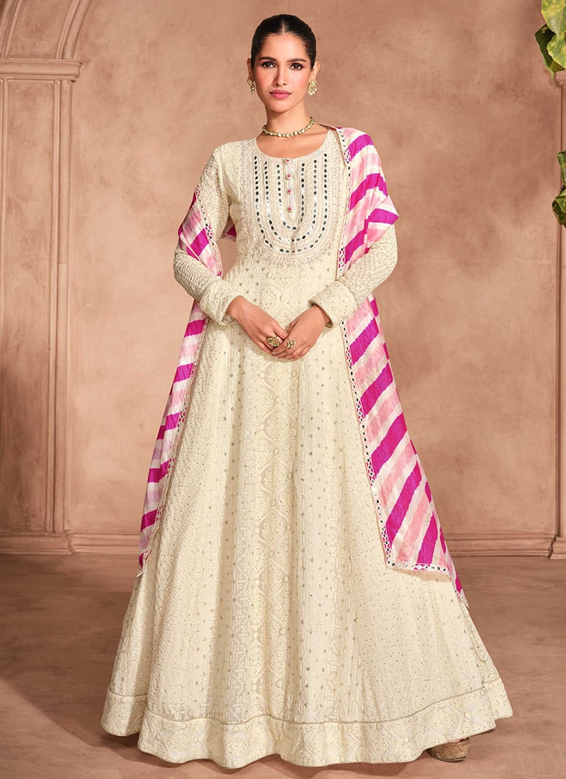 Glamorous Beige Georgette Beads Embroidered Sequins A Line Anarkali Suit Festive Wear