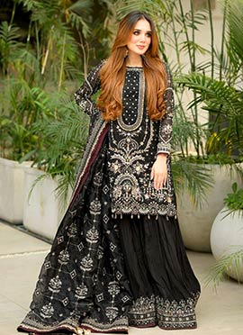 Glamorous Black Faux Georgette Embroidered Sequins Moti Palazzo Suit