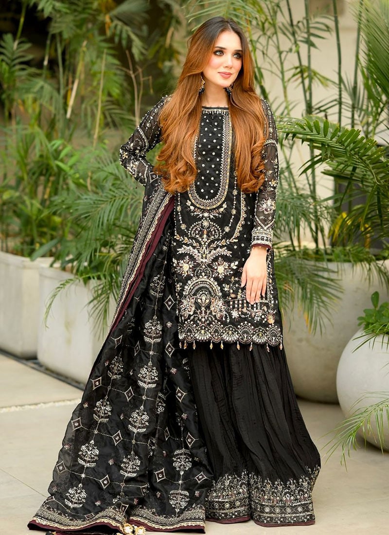 Glamorous Black Faux Georgette Embroidered Sequins Moti Palazzo Suit Festive Wear
