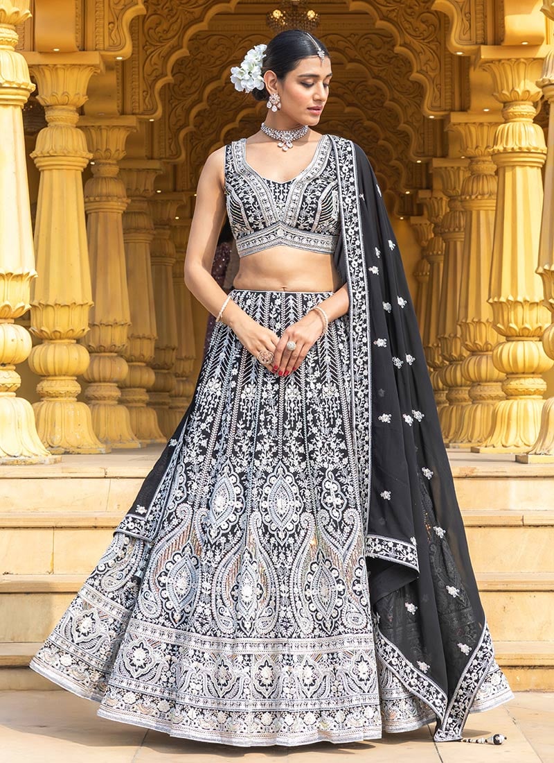 Glamorous Black Faux Georgette Lehenga Featuring Embroidery And Sequins Wedding Wear