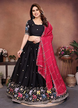 Glamorous Black Georgette Embroidered Umbrella Lehenga