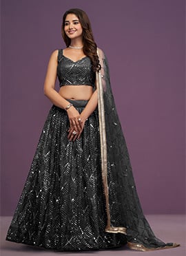 Glamorous Black Net Sequins Embroidered Mirror Work Thread Umbrella Lehenga