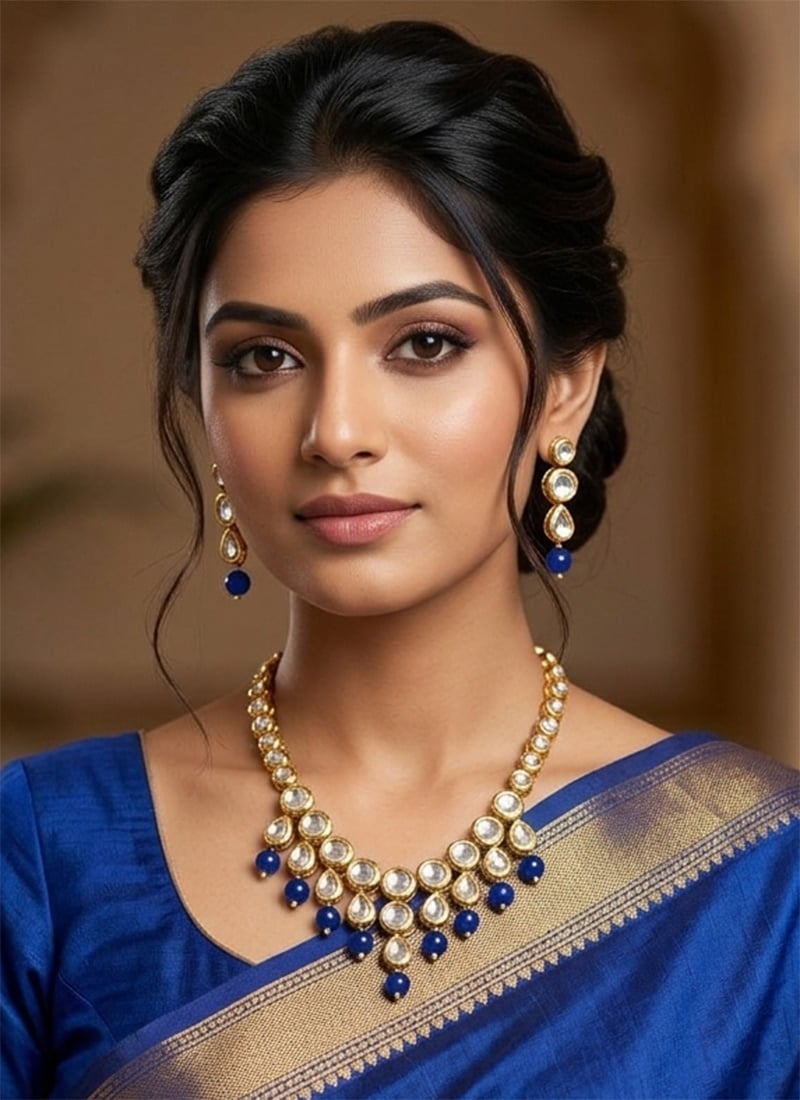 Glamorous Blue Kundan Pearl Necklace Wedding Wear