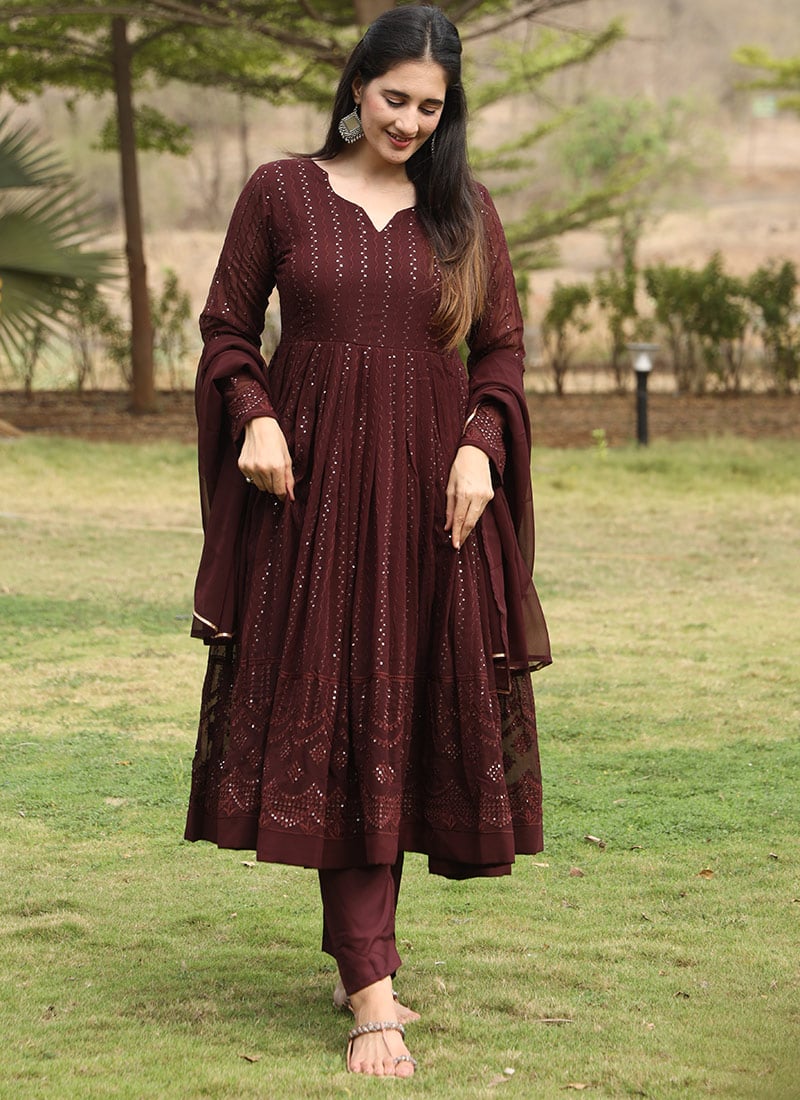 Glamorous Brown Anarkali Suit With Dazzling Sequins After Six Wear