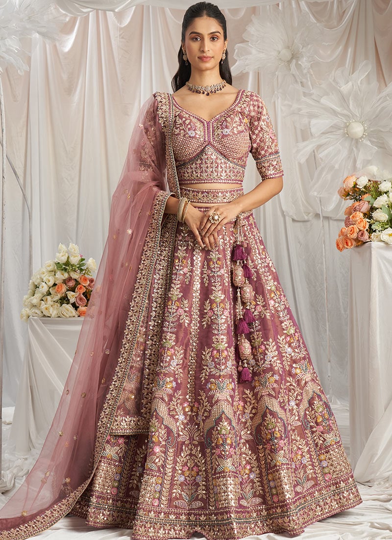 Glamorous Dark Lavender Tissue With Moti And Gota Embroidered Sequins Lehenga Wedding Wear