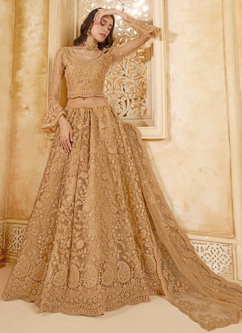 Glamorous Fawn Net Lehenga With Embroidered Stone Detailing Wedding Wear-GHSCC48841082E