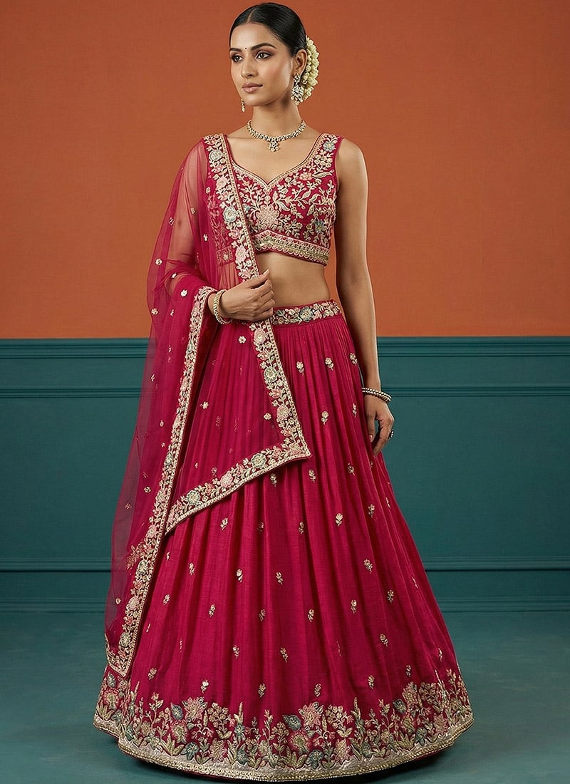 Glamorous Hot Pink Georgette Embroidered Umbrella Lehenga Wedding Wear