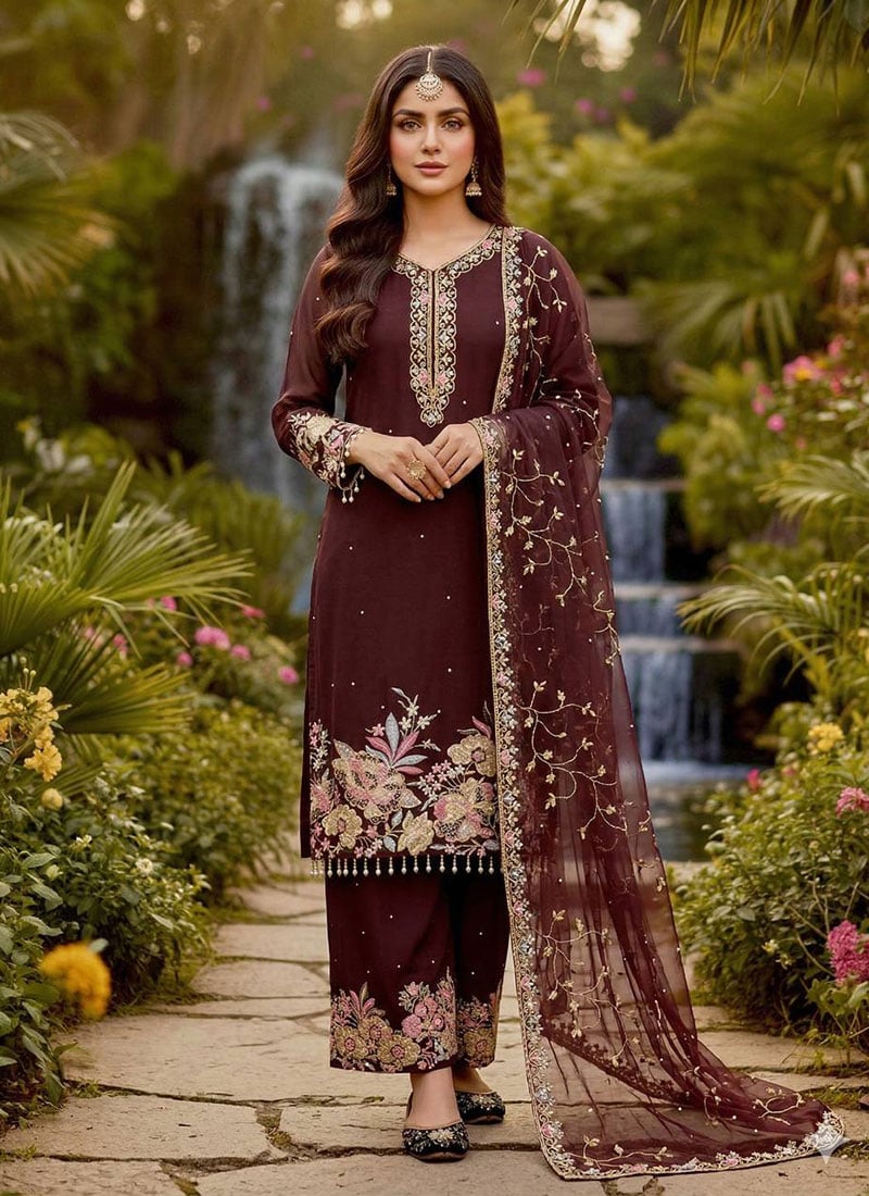 Glamorous Maroon Georgette Embroidered Sequins Palazzo Suit After Six Wear