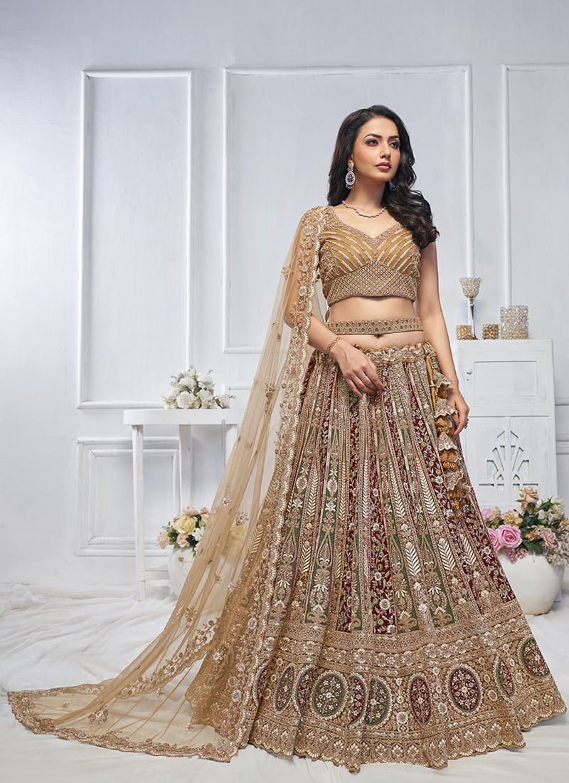 Glamorous Multicolored Net Zarkan Work Zari Embroidered And Stone Sequins Lehenga Wedding Wear