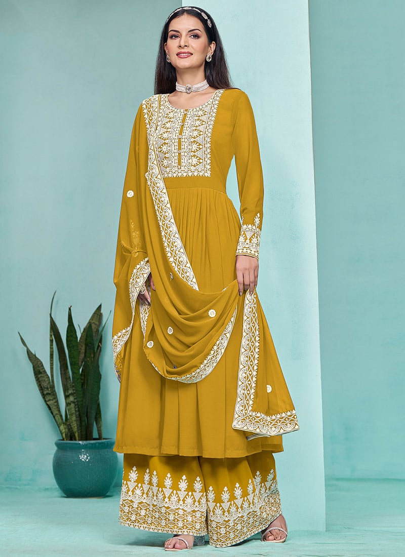 Glamorous Mustard Georgette Embroidered Sequins Palazzo Suit Festive Wear