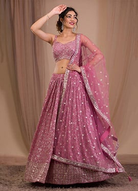 Glamorous Pink Georgette Zari and Multiple Sequins Embroidered Umbrella Lehenga