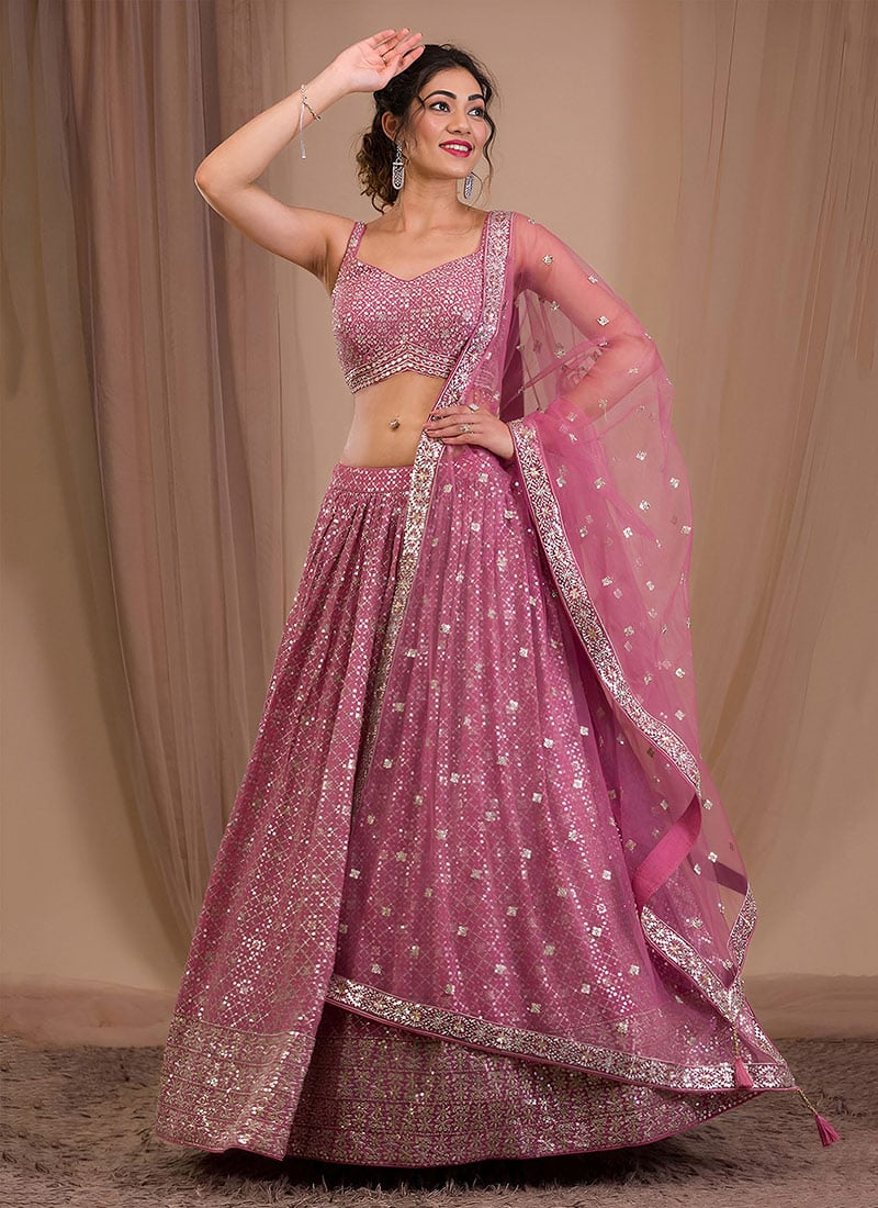 Glamorous Pink Georgette Zari and Multiple Sequins Embroidered Umbrella Lehenga After Six Wear