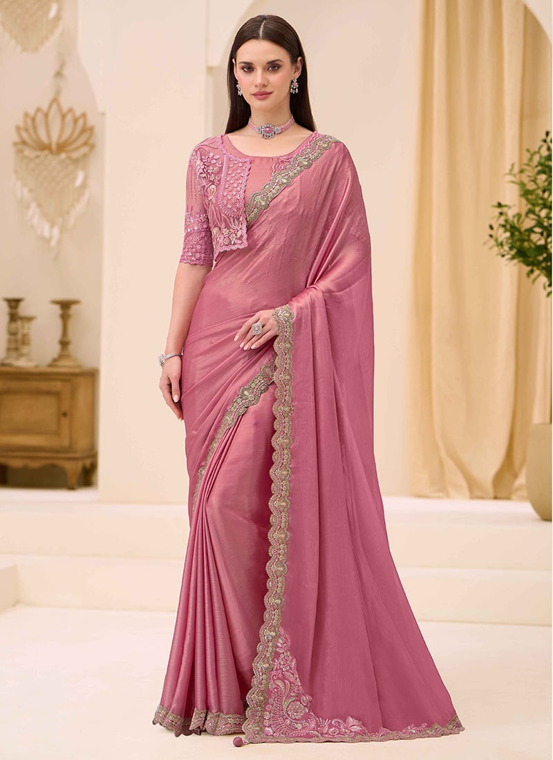 Glamorous Powder Pink Shimmer Satin Embroidered Sequins Zari Beads Thread Saree Wedding Wear