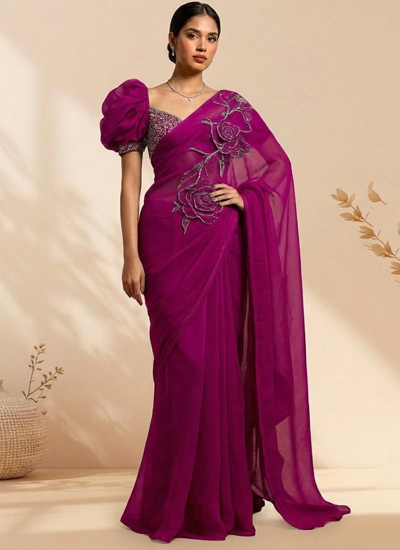 Glamorous Purple Faux Georgette Sequins Hand Embroidered Saree Wedding Wear