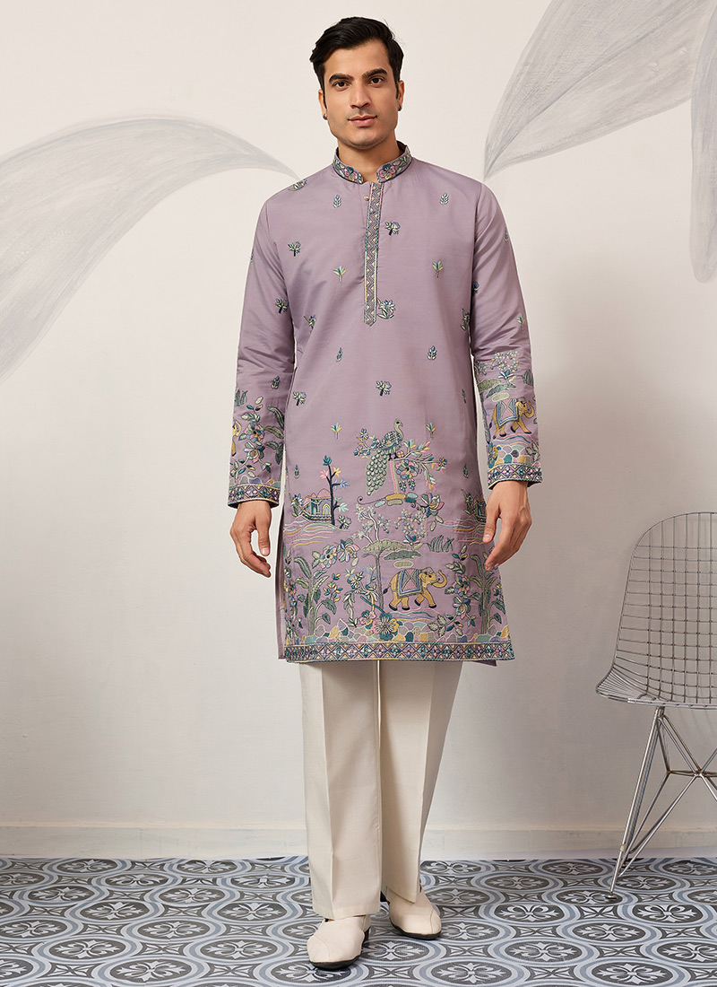 Glamorous Purple Viscose Silk Embroidered Sequins Thread Kurta