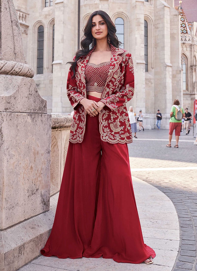 Glamorous Red Silk Jacket Palazzo Set With Sequins And Mirror Embroidery Wedding Wear