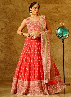 Glamorous Red Viscose Chinon Thread Sequins Stones Umbrella Lehenga Wedding Wear