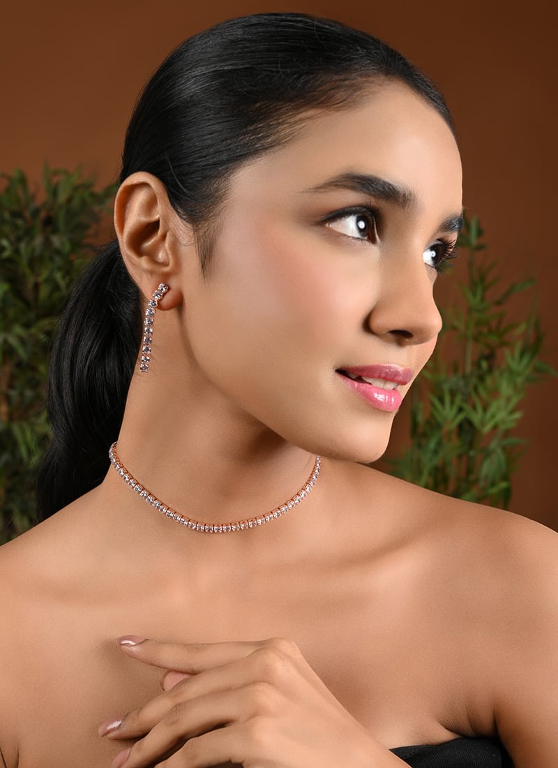 Glamorous Rose Gold American Diamond Stone Choker Wedding Wear