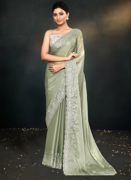 Glamorous Sage Green Satin Silk Embroidered Sequins Saree